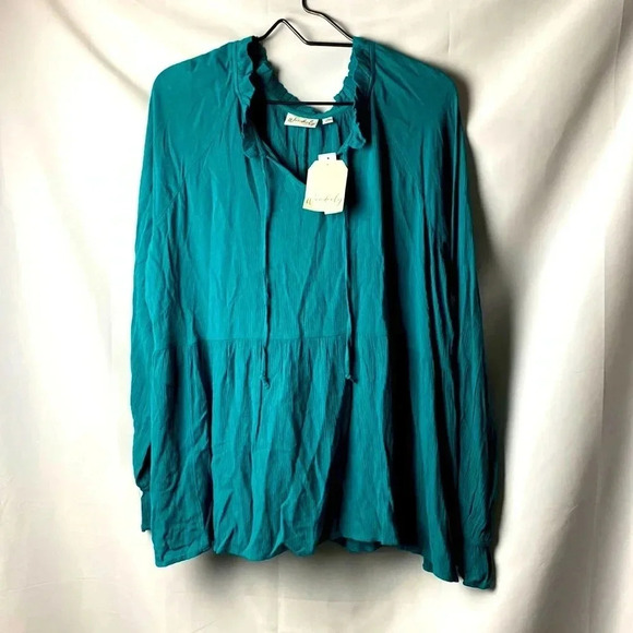 NWT WONDERLY WOMENS SIZE XL TEAL PEASANT WOVEN TOP RUFFLE COLLAR CUFFS - Picture 1 of 12